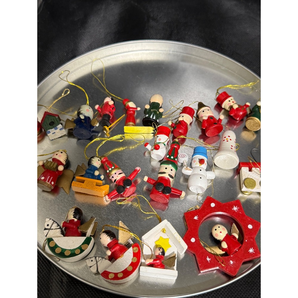 Lot of 24 Small Wooden Christmas Ornaments Figurines Angels Snowmen Nutcrackers